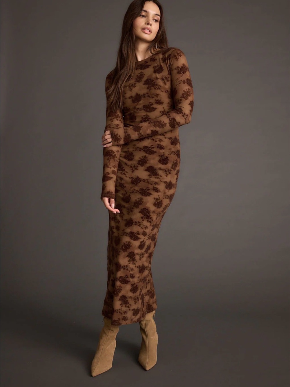 Brown Floral Long Sleeve Dress